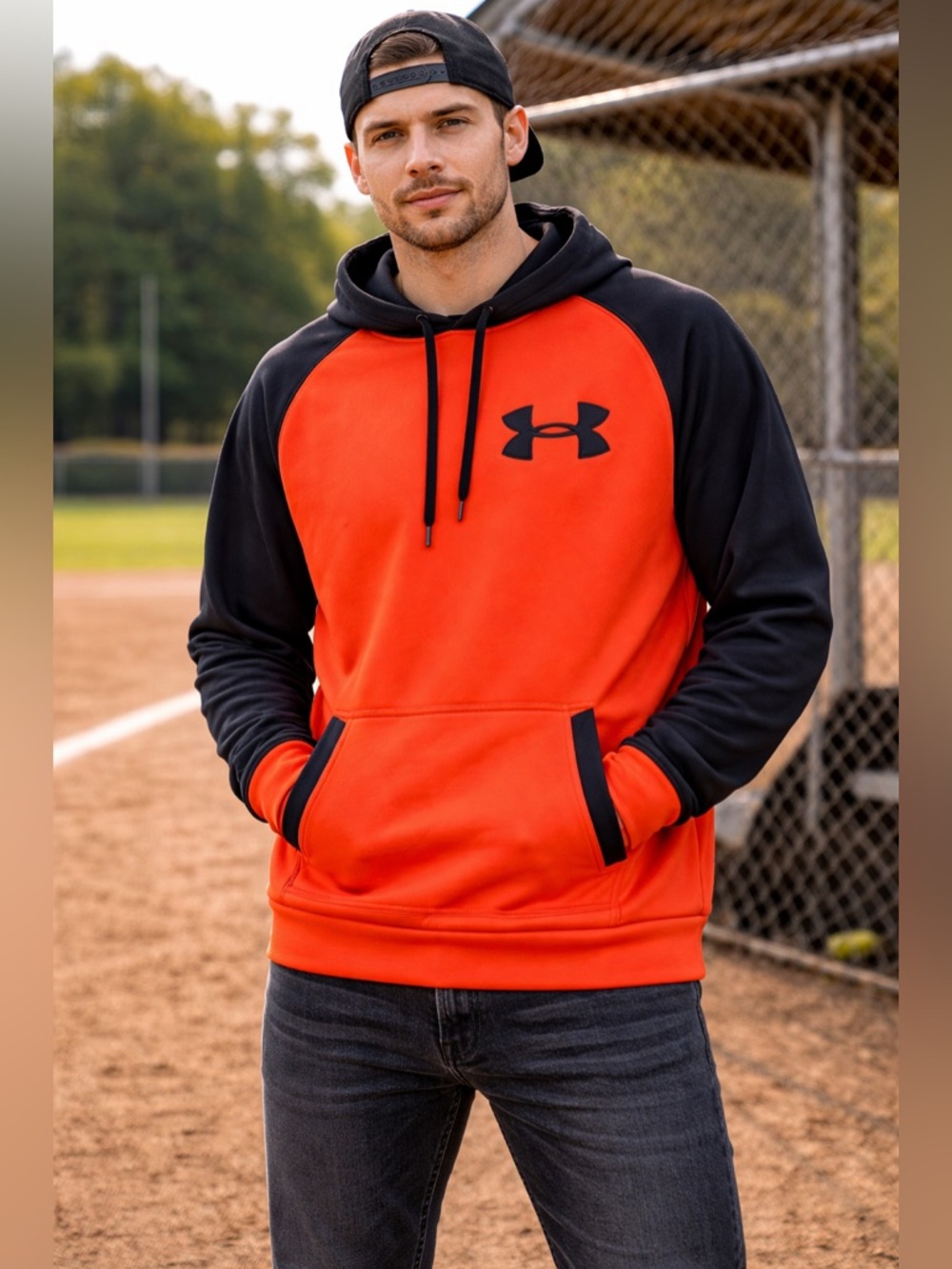 Under Armour Hoodie Mens Medium Orange Black Pullover Athletic